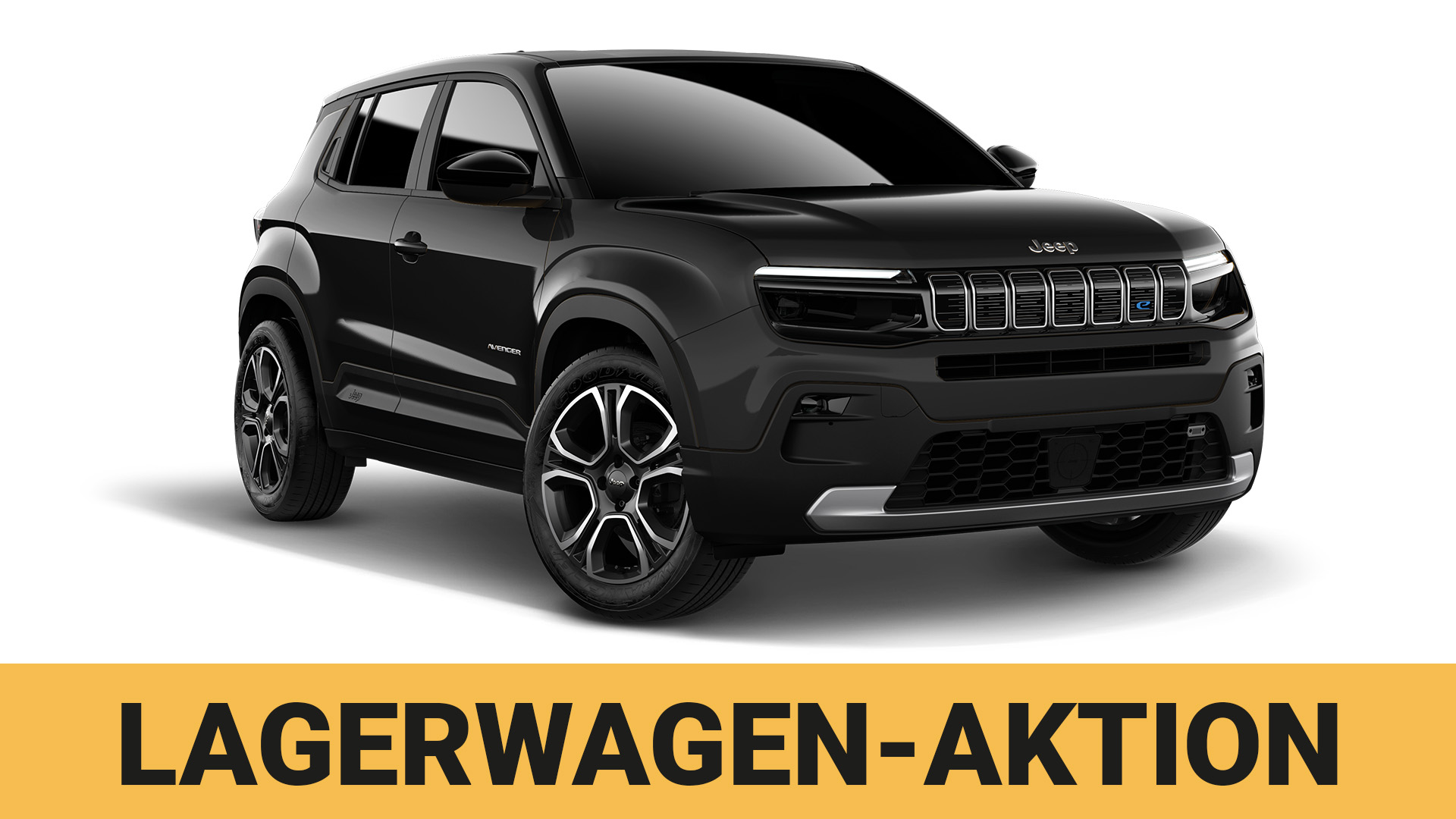 Foto eines schwarzen Jeep Avenger, freigstellt, mit gelbem Banner mit Hinweis "Lagerwagen-Aktion"