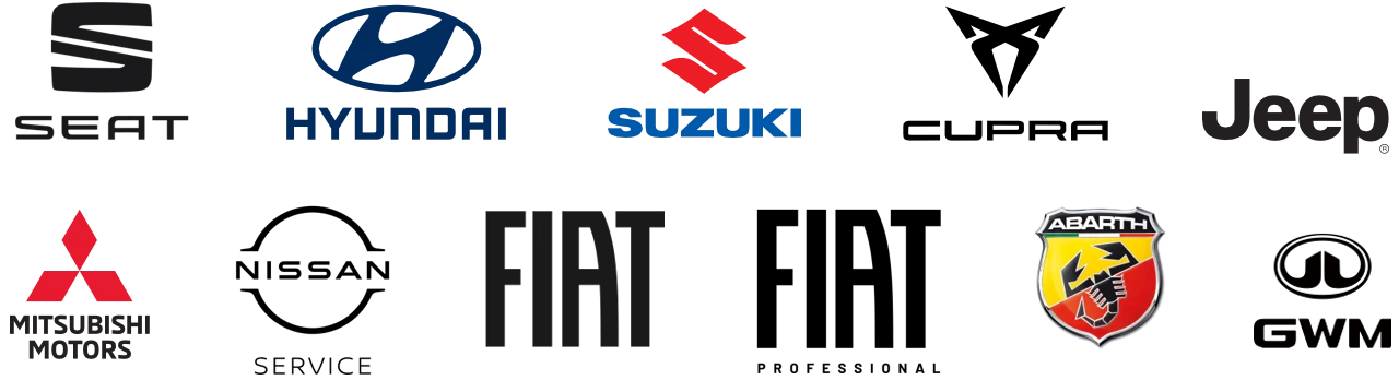 Logos der vom Autohaus am Bungsberg vertretenen Marken Seat, Hyundai, Suzuki, Cupra, Mitsubishi, Nissan, Fiat, Abarth, GWM